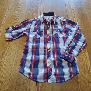 Red, white, & blue plaid Guess button down shirt